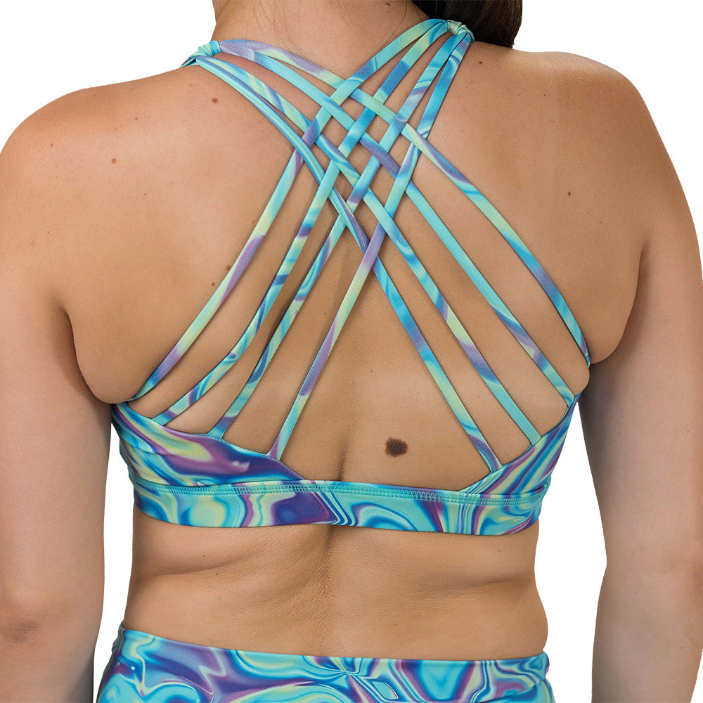 back of the Multicolored swirl patterned sports bra on a white background