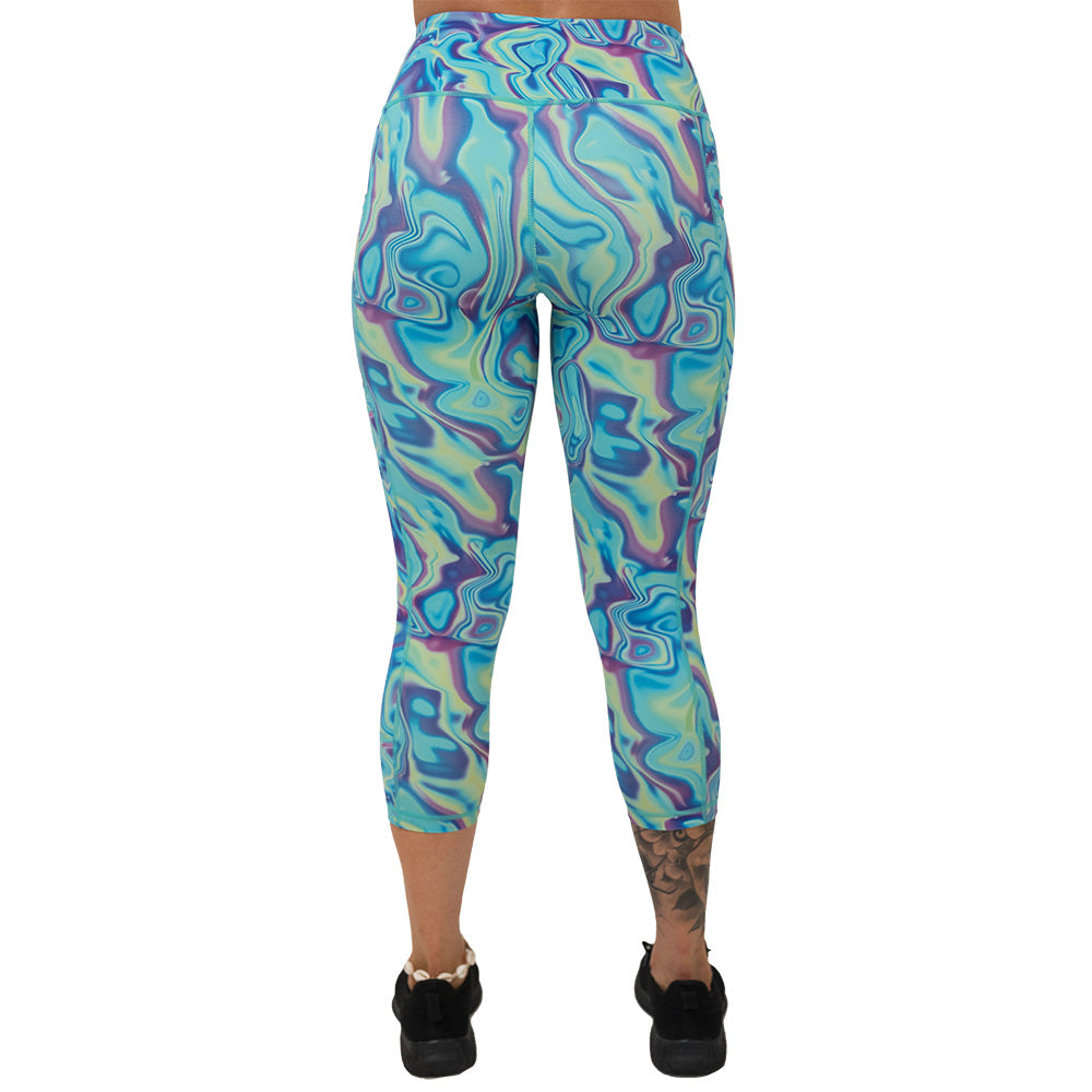 back of the Multicolored swirl patterned leggings on a white background