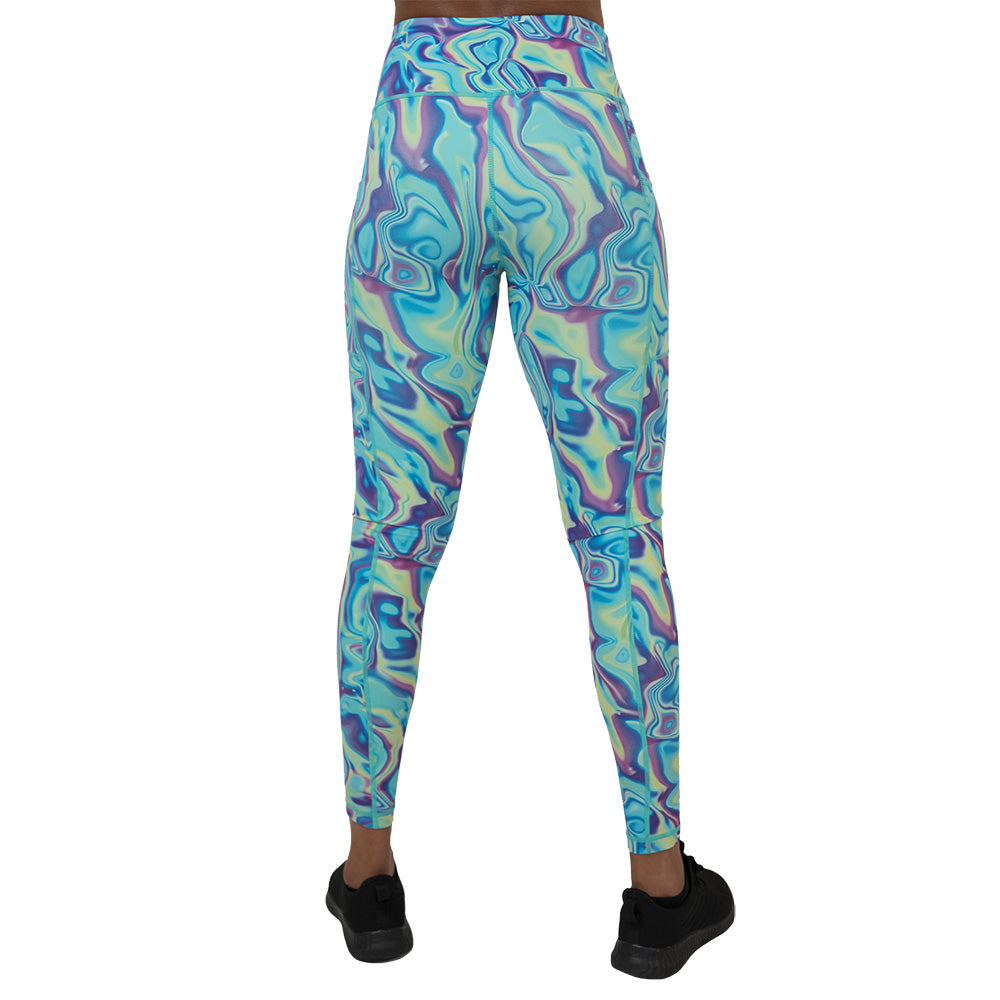 back of the Multicolored swirl patterned leggings on a white background