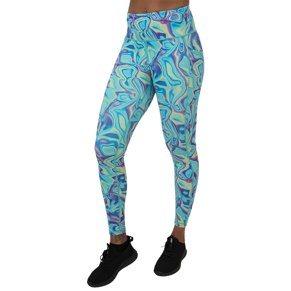 Multicolored swirl patterned leggings on a white background