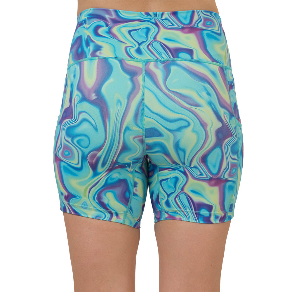 back of the Multicolored swirl patterned shorts on a white background