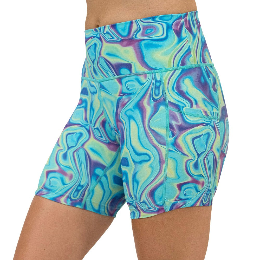 Multicolored swirl patterned shorts on a white background