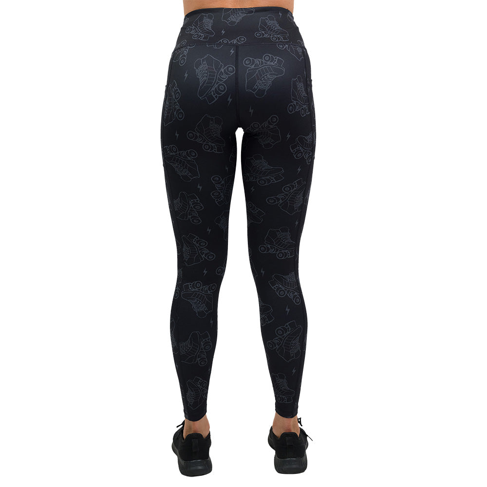 back of dark roller skates and lighting print leggings full length leggings