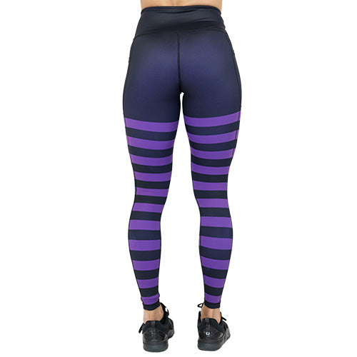 back of the purple striped leggings