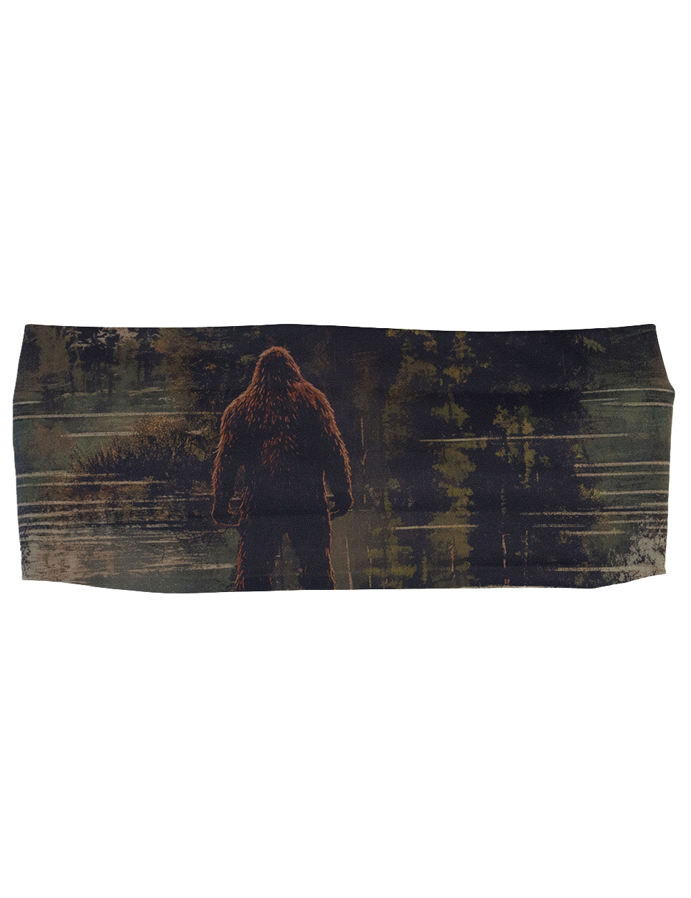 front of the bigfoot in a forest headband against a white background