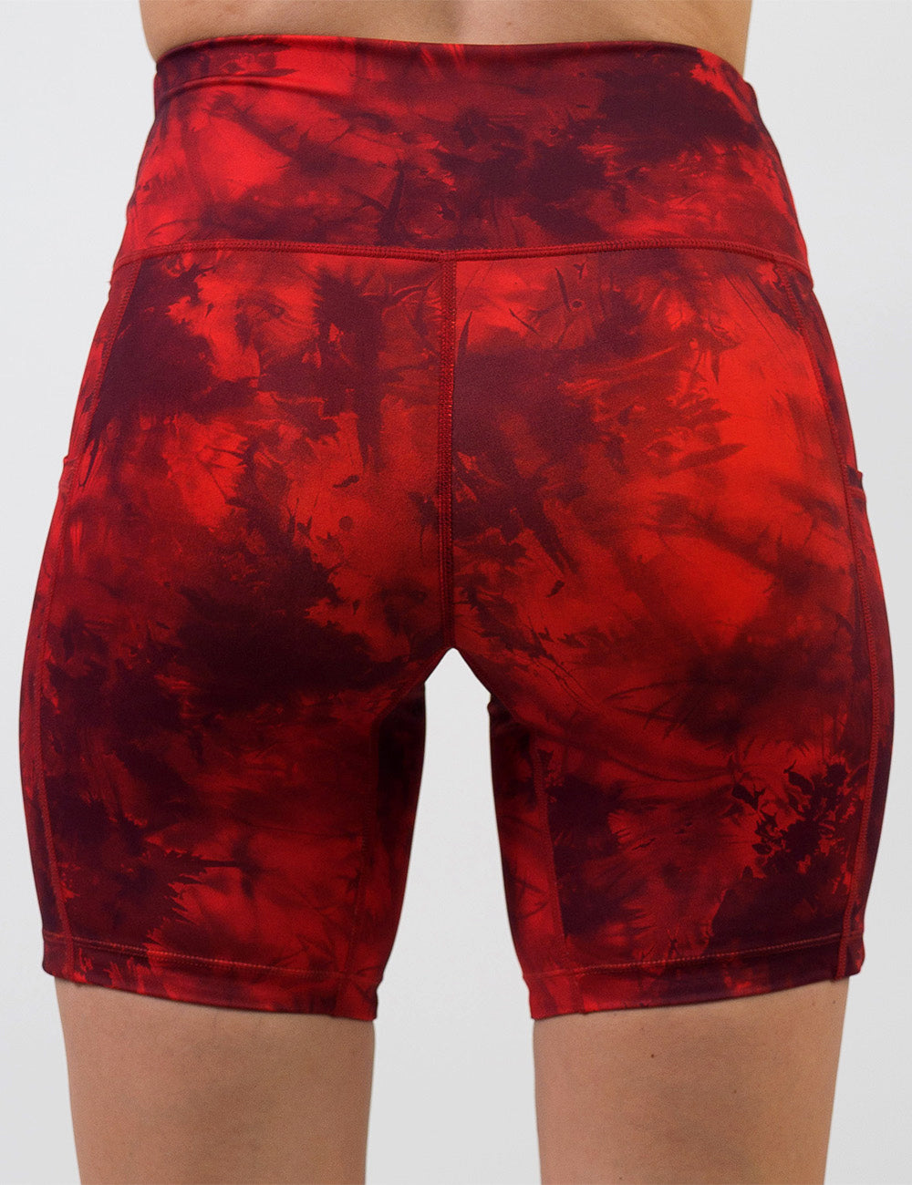 back of the 7 inch red tie dye shorts against a white background