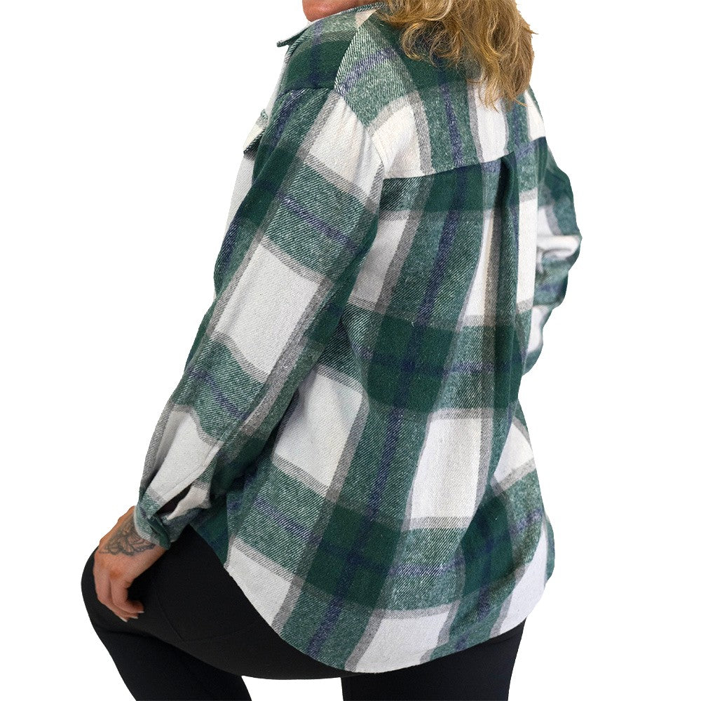 back of the model wearing the green plaid shacket