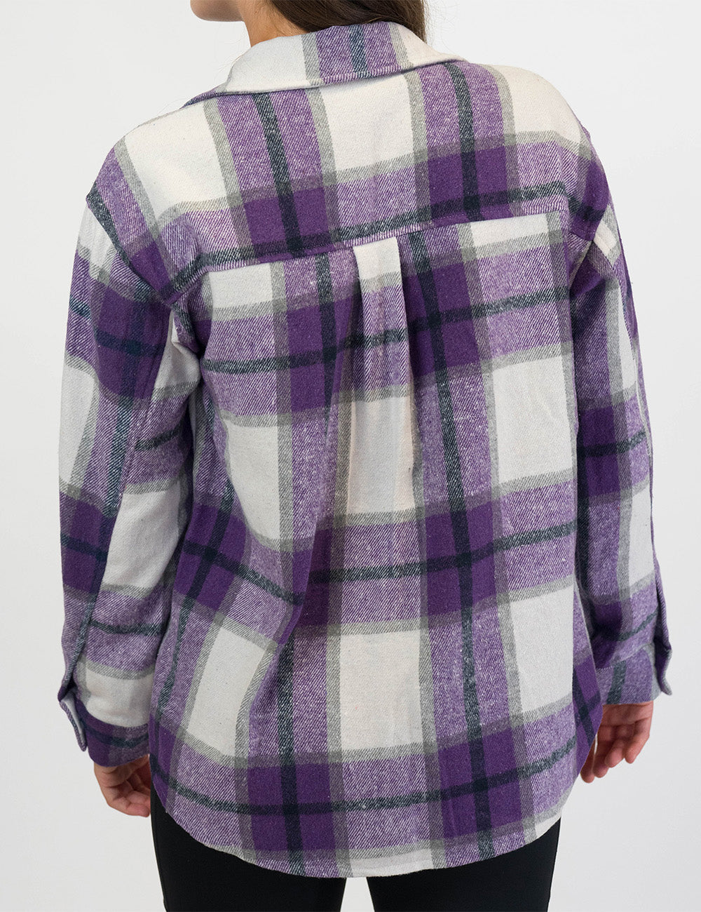back of the purple plaid shacket against a white background