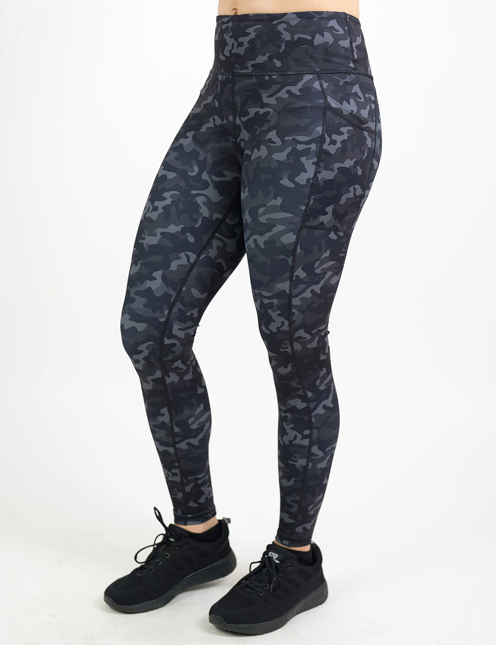 front of the black camo print full length leggings