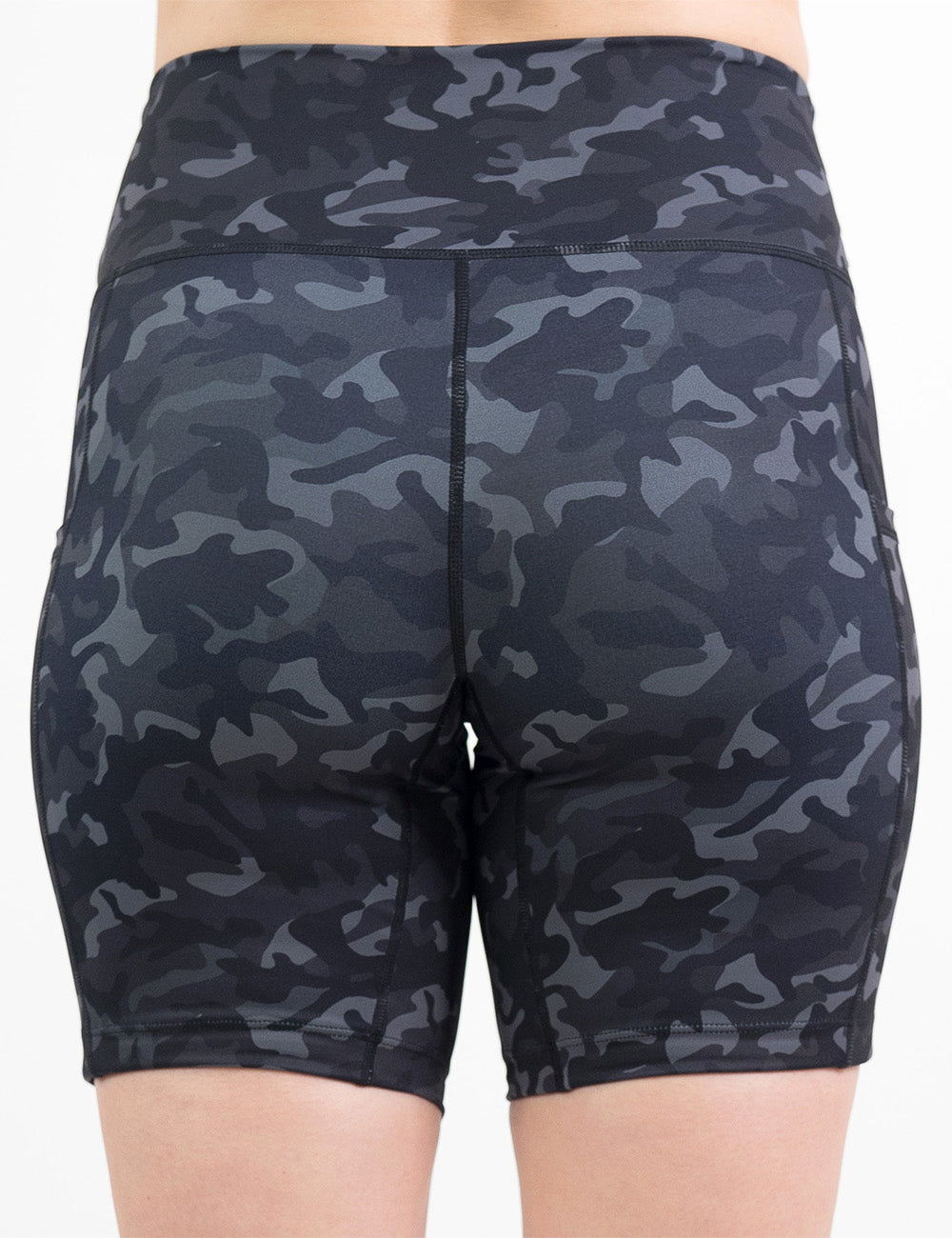 back of the 7 inch black camo print shorts against a white background