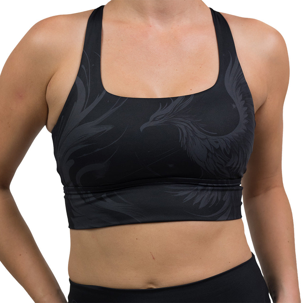 Black bra with a phoenix design on it