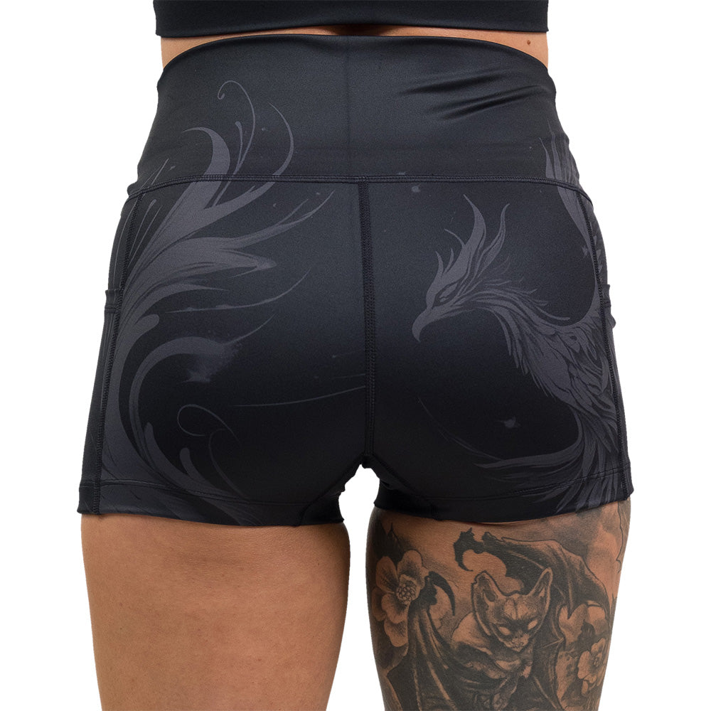 back of the Black shorts with a phoenix design on them