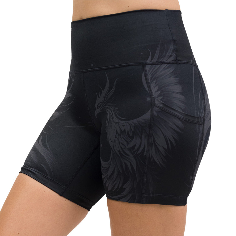 Black shorts with a phoenix design on them