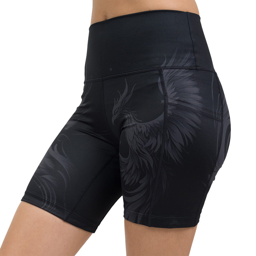 Black shorts with a phoenix design on them