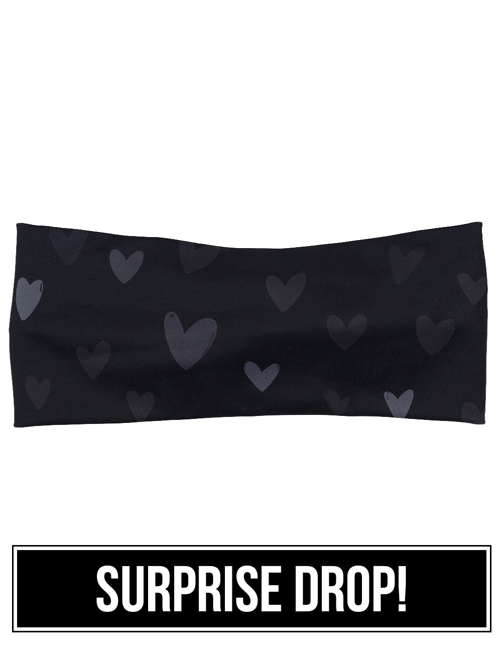 front of the black headband with grey hearts against a white background, surprise drop