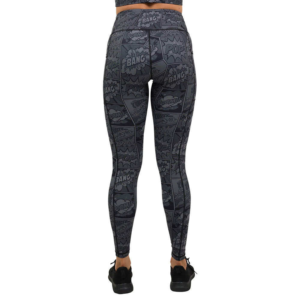 back of black and grey comic book print full length leggings