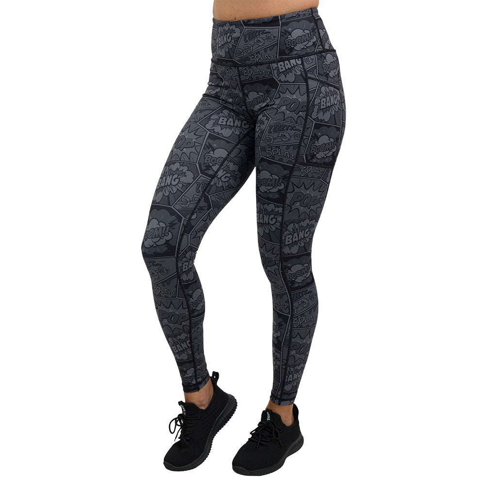 black and grey comic book print full length leggings facing the front