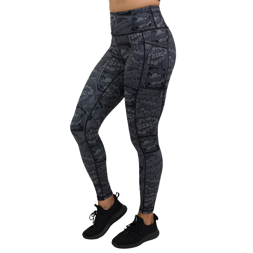 black and grey comic book print full length leggings facing the side