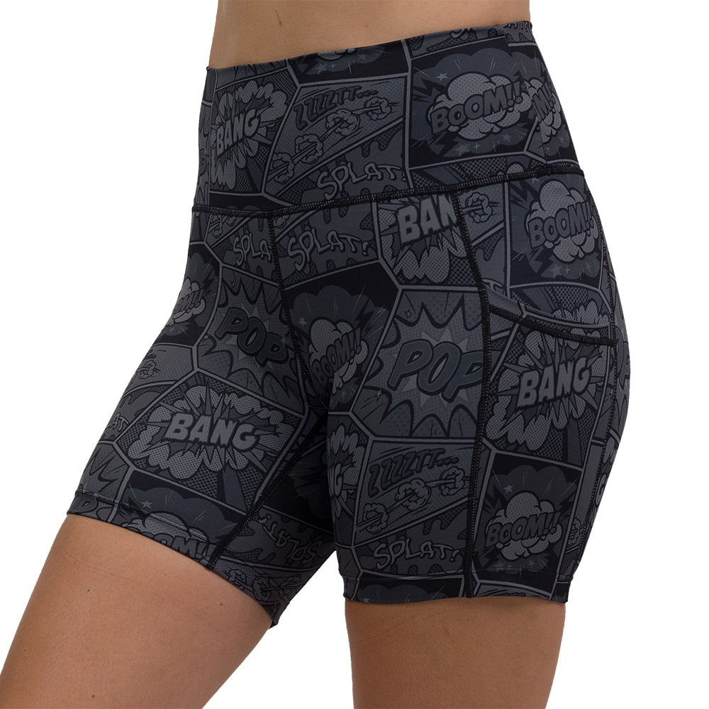 black and grey comic book print 5 inch shorts facing front