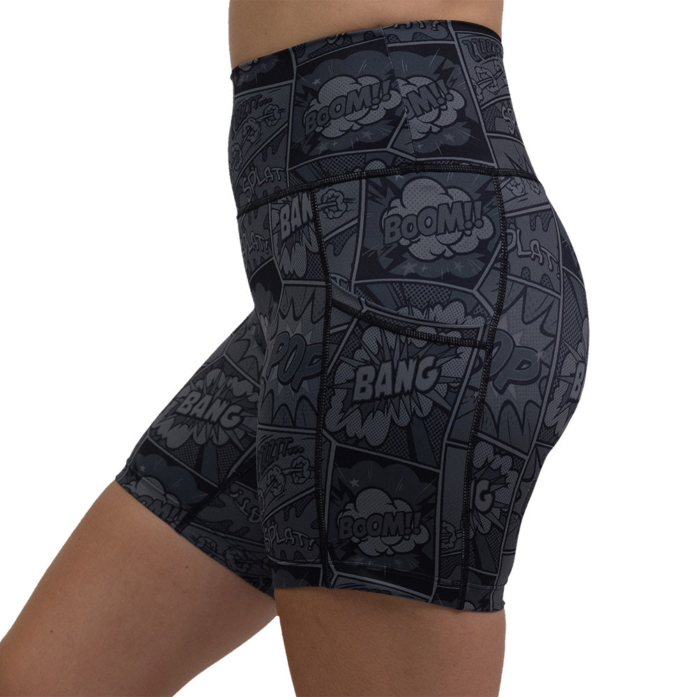 black and grey comic book print 5 inch shorts facing the side