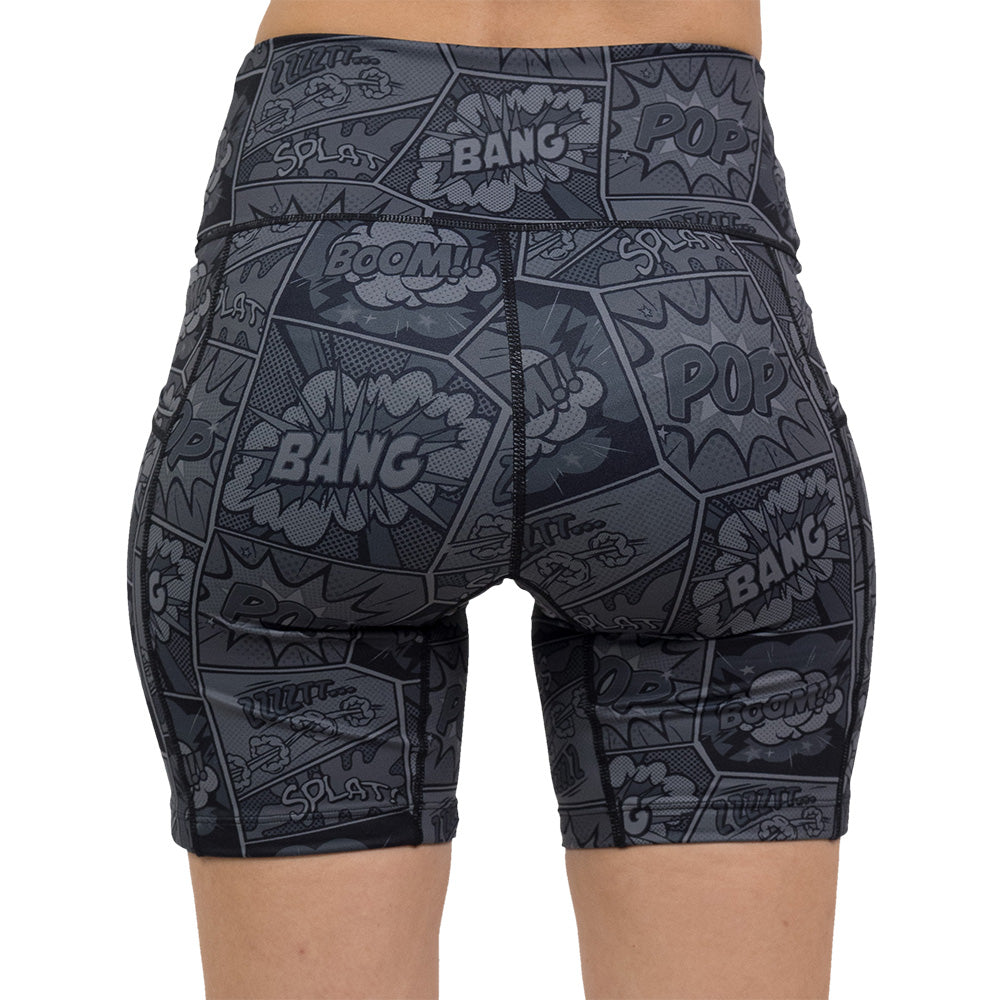 back of black and grey comic book print 7 inch shorts