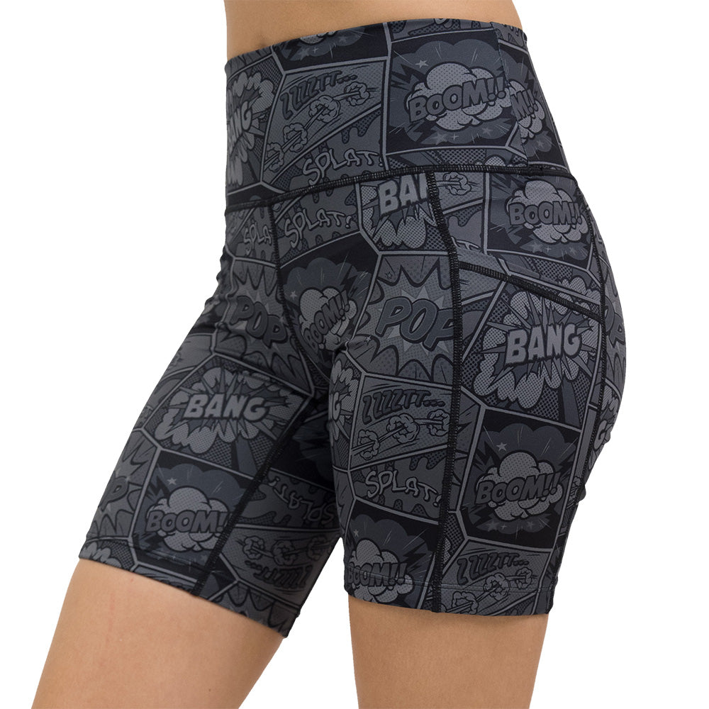 black and grey comic book print 7 inch shorts facing the side