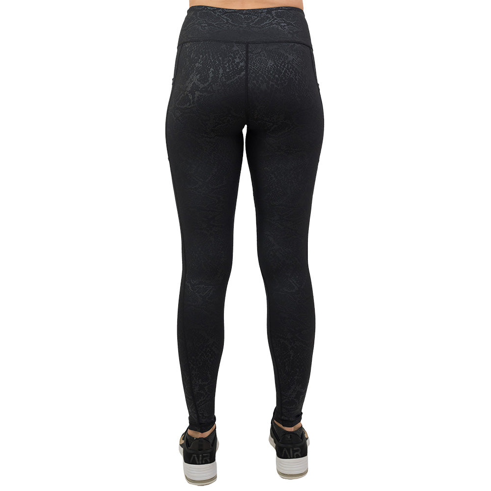 back of black snake print full length leggings