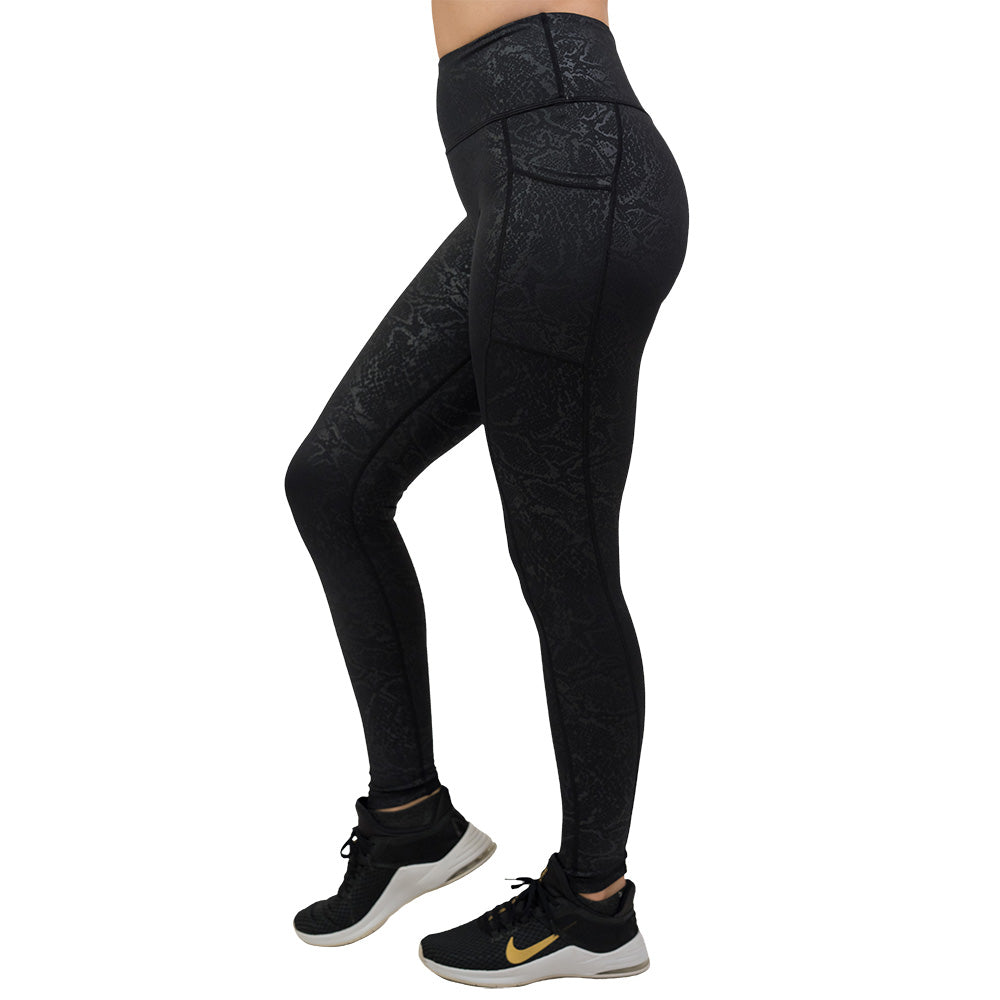 black snake print leggings facing the side