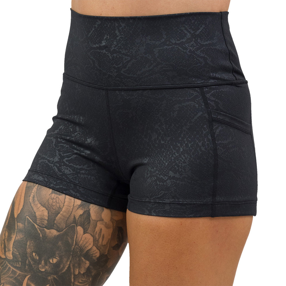 black snake print 2.5 inch shorts facing front against a white background