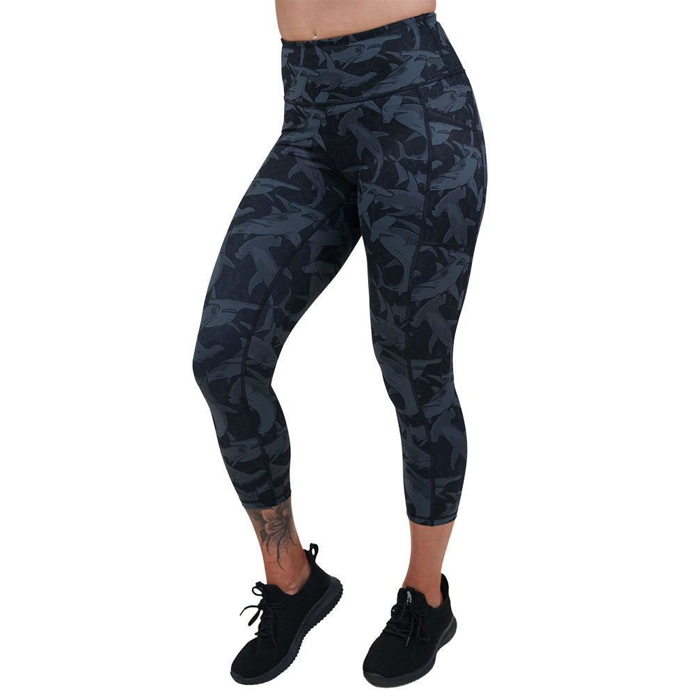 black and grey shark patterned leggings