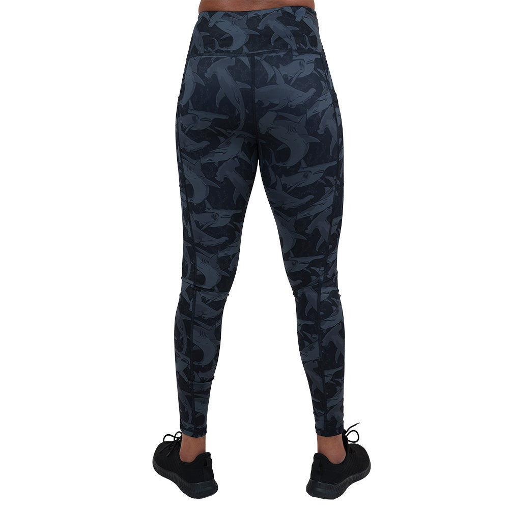 back of the black and grey shark patterned leggings