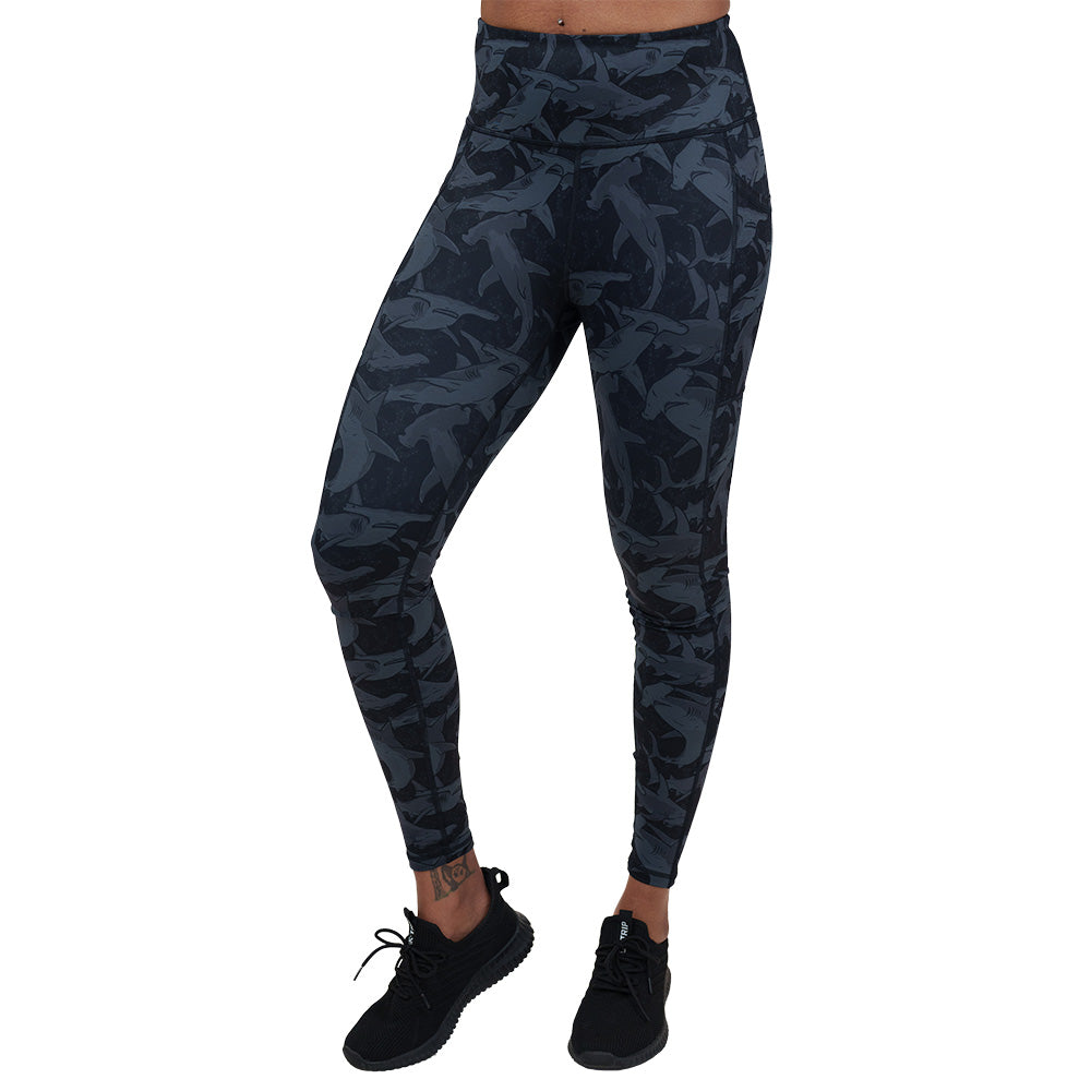 black and grey shark patterned leggings