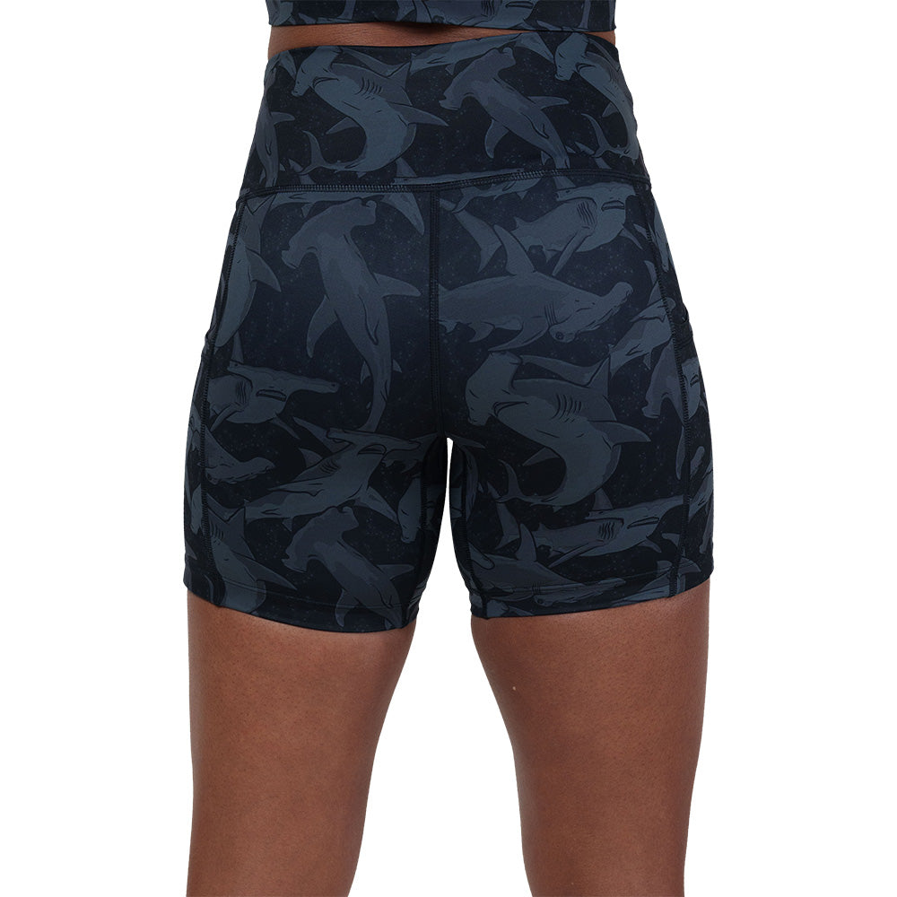 back of the black and grey shark patterned shorts