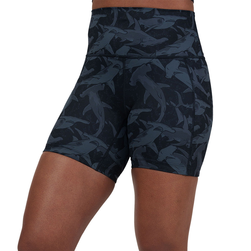 black and grey shark patterned shorts