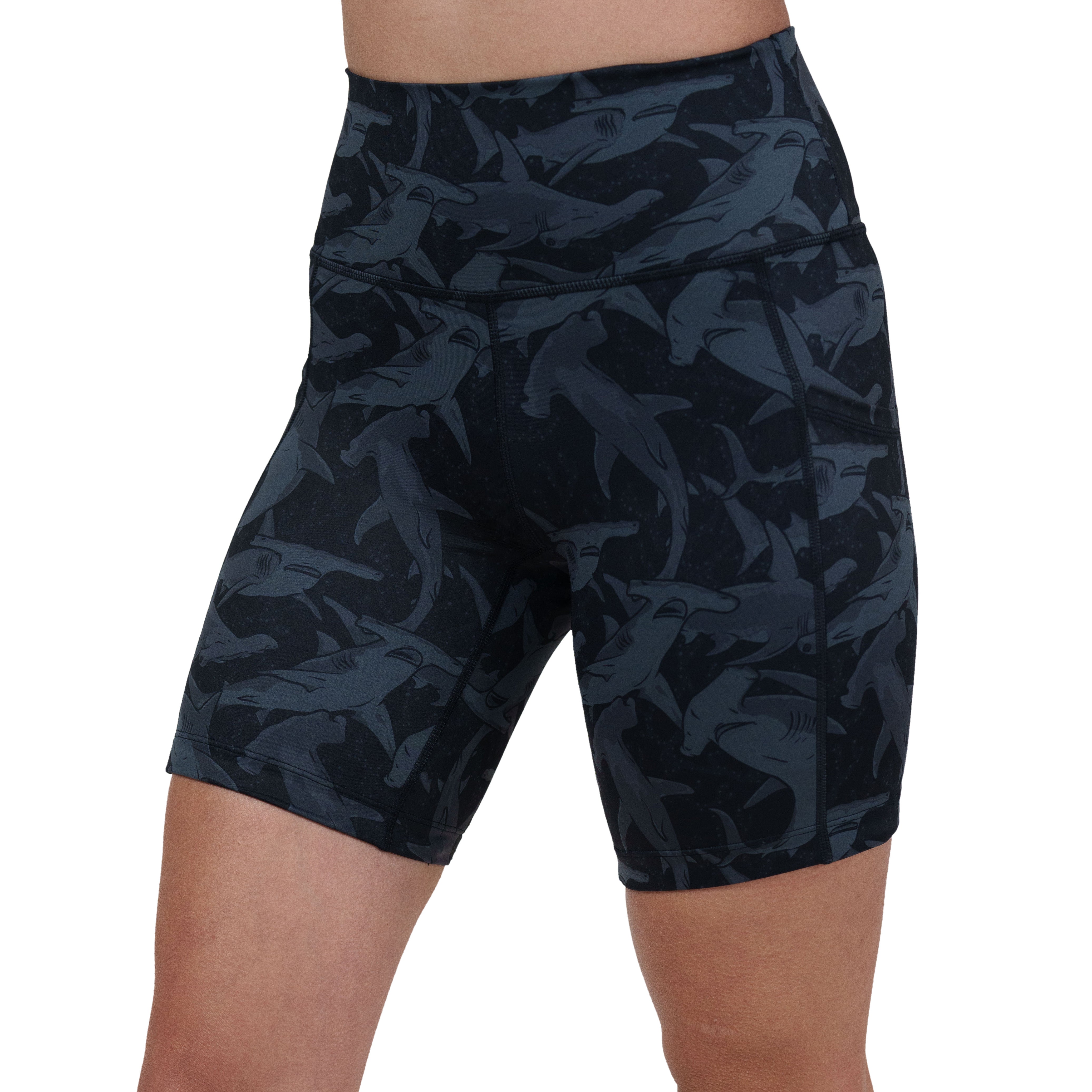 black and grey shark patterned shorts