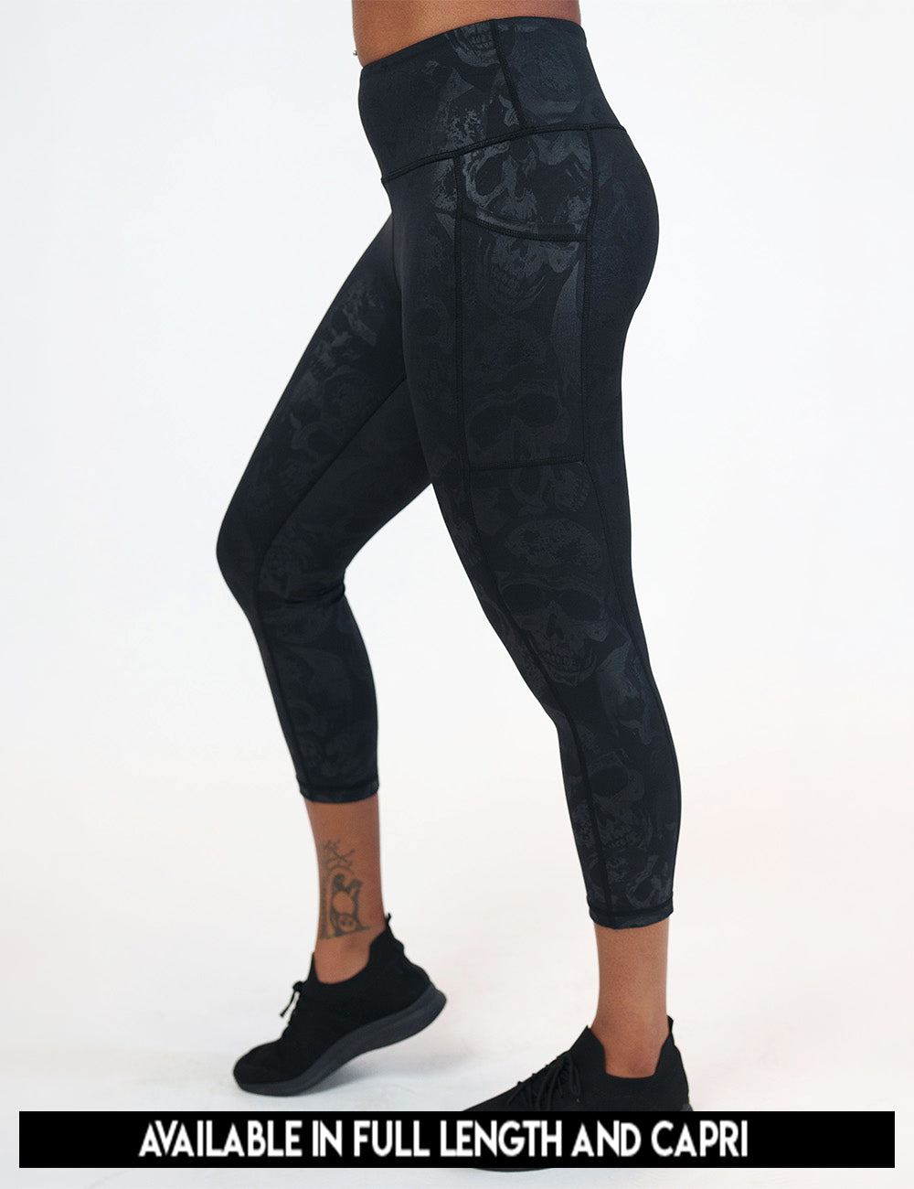 available lengths for the black leggings with a dark grey skull pattern, lengths include full length and capri