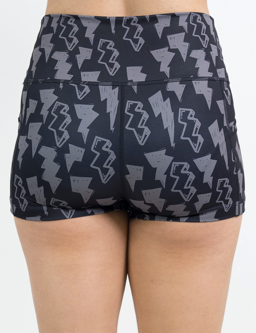 back of the 2.5 inch black shorts with grey lightning bolts against a white background
