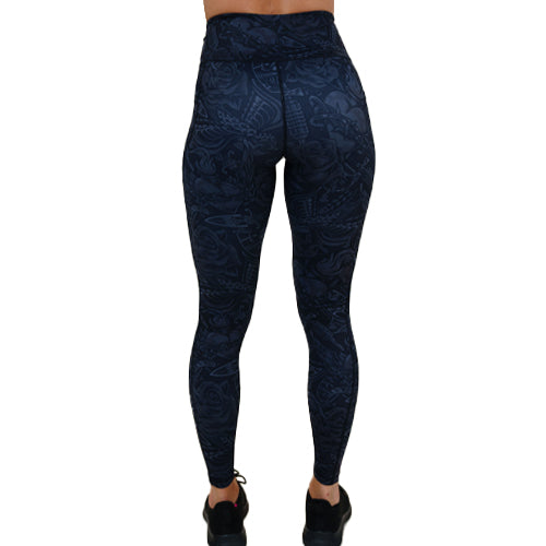 back of the full length black and grey traditional tattoo design patterned leggings
