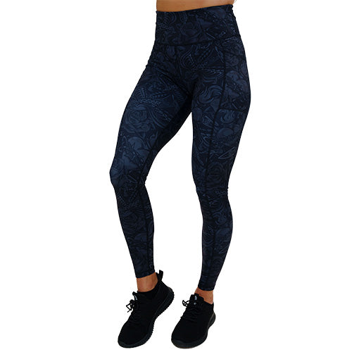 full length black and grey traditional tattoo design patterned leggings