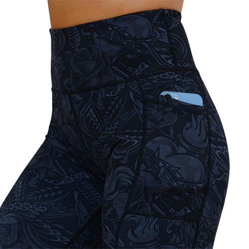 black and grey traditional tattoo design patterned leggings side pocket