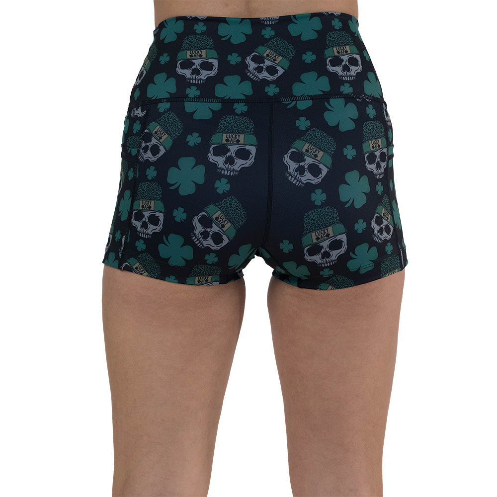 back of the 2.5 inch skull and shamrock print shorts