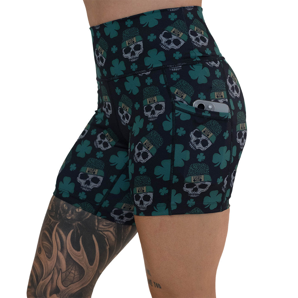 side pocket on the skull and shamrock print shorts