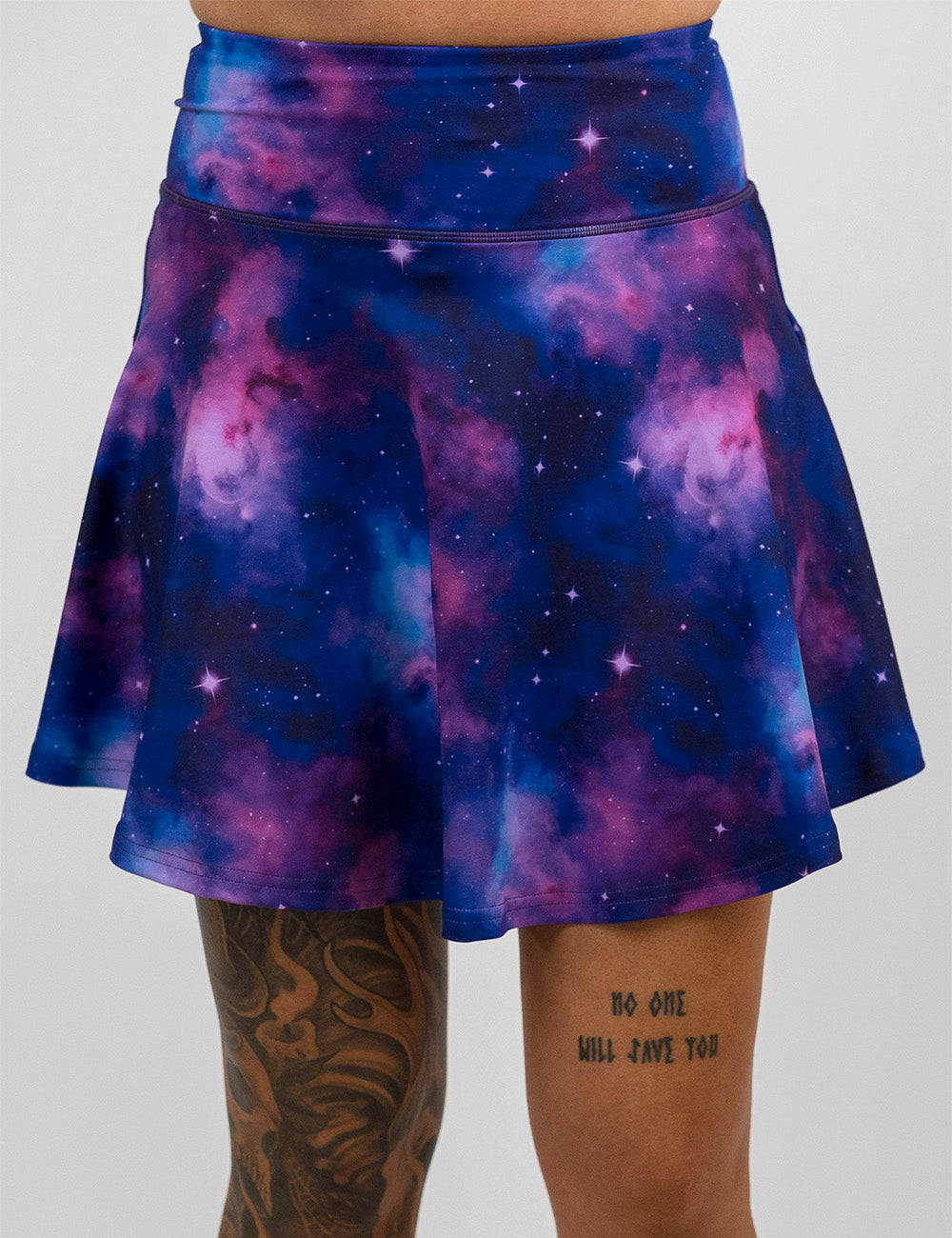 front of the longer length purple and blue space skirt against a white background