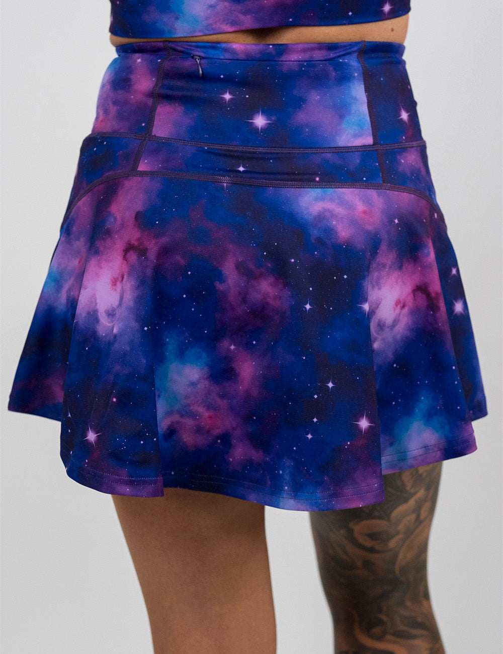 back of the regular length purple and blue space skirt against a white background