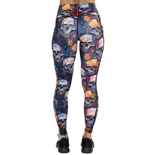 back of full length skull paint splatter leggings