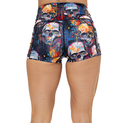 back of 2.5 inch skull paint splatter shorts