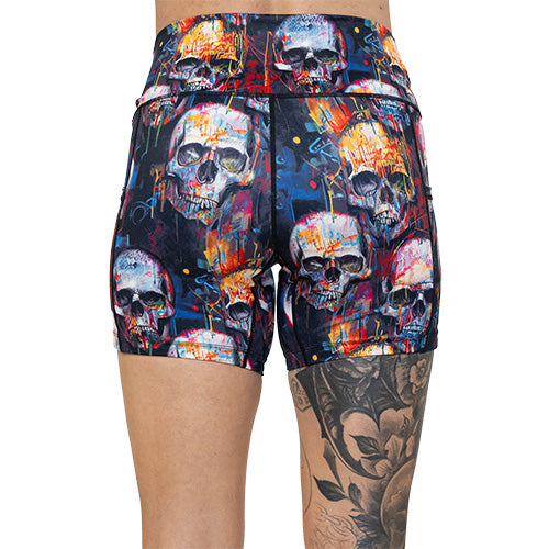 back of 5 inch skull paint splatter shorts