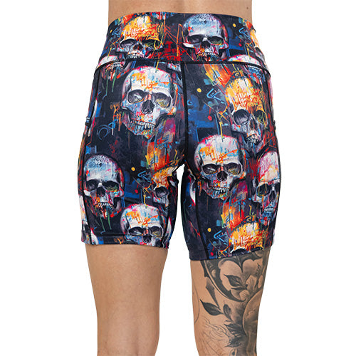 back of 7 inch skull paint splatter shorts