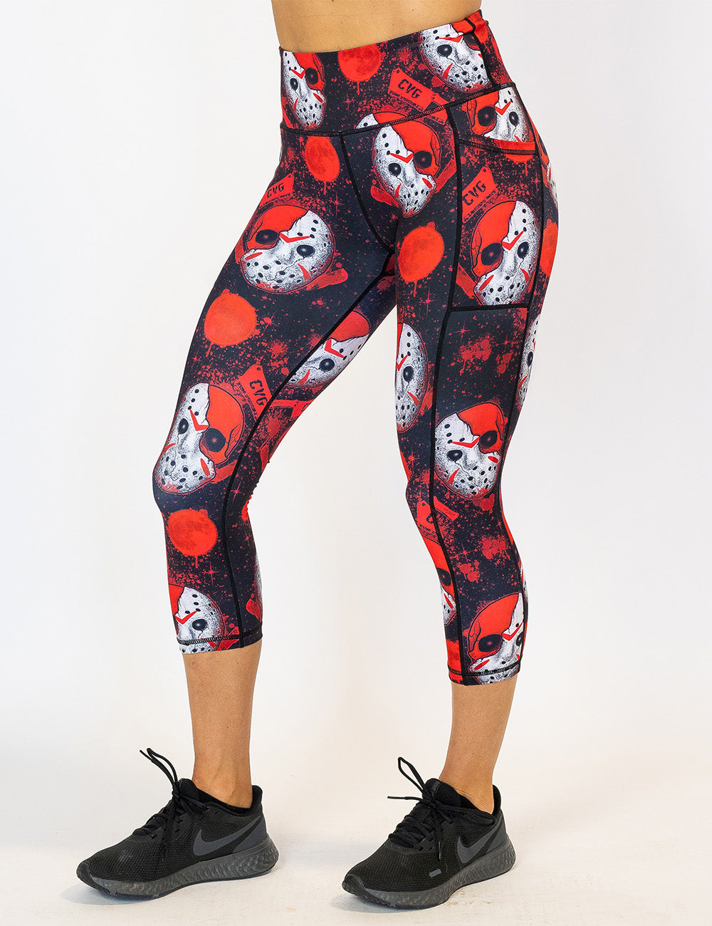 front of the bloody hocky mask capri leggings against a white background