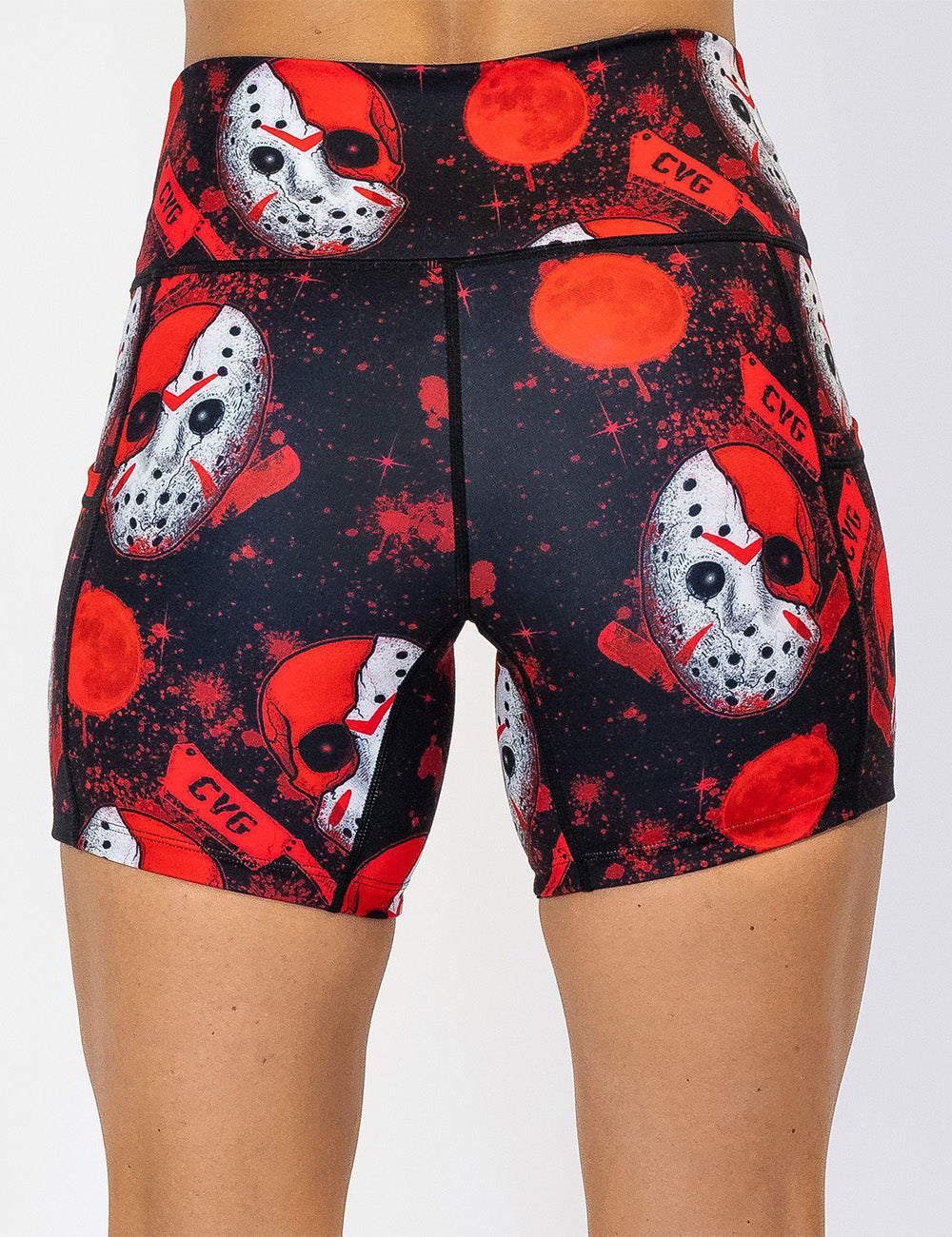 back of the bloody hockey masks with CVG meat cleavers 5 inch shorts against a white background